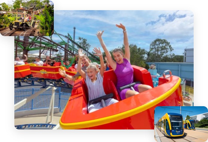 Family enjoying a rollercoaster at a Gold Coast theme park